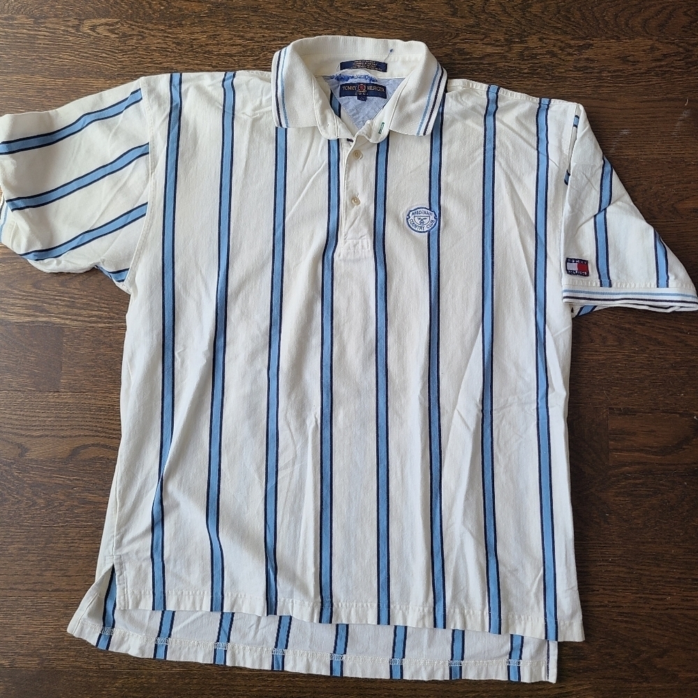 Tommy Hilfiger Men's White and Blue Striped Polo Shirt Sz.L Medinah Country Club
